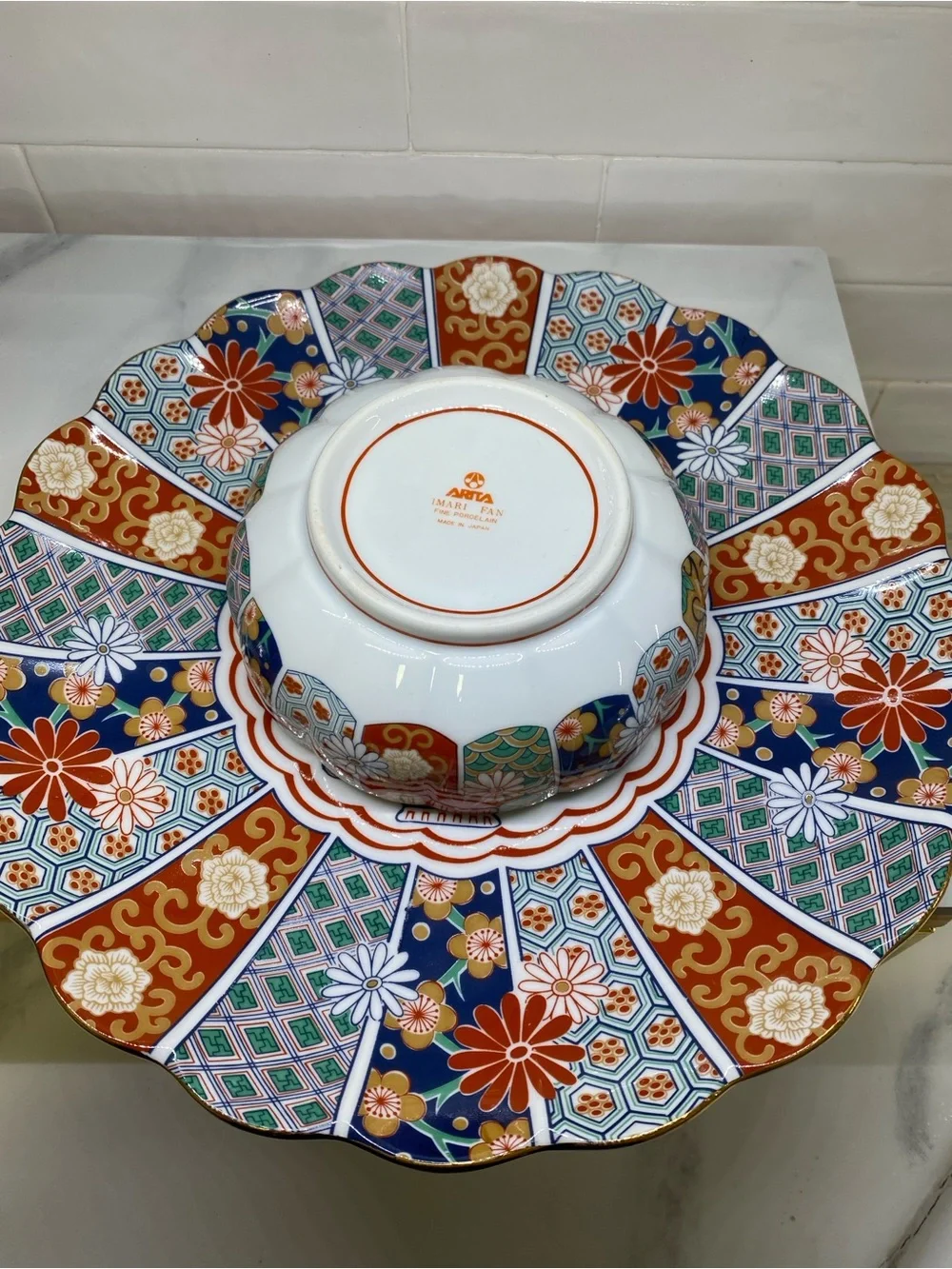 24k Gold Arita Imari Fan Japan Scalloped Serving Platter & Bowl Set Porcelain